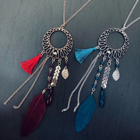 Silver Gold Boho Feather Long Necklaces Bundle Lot - Picture 1 of 5